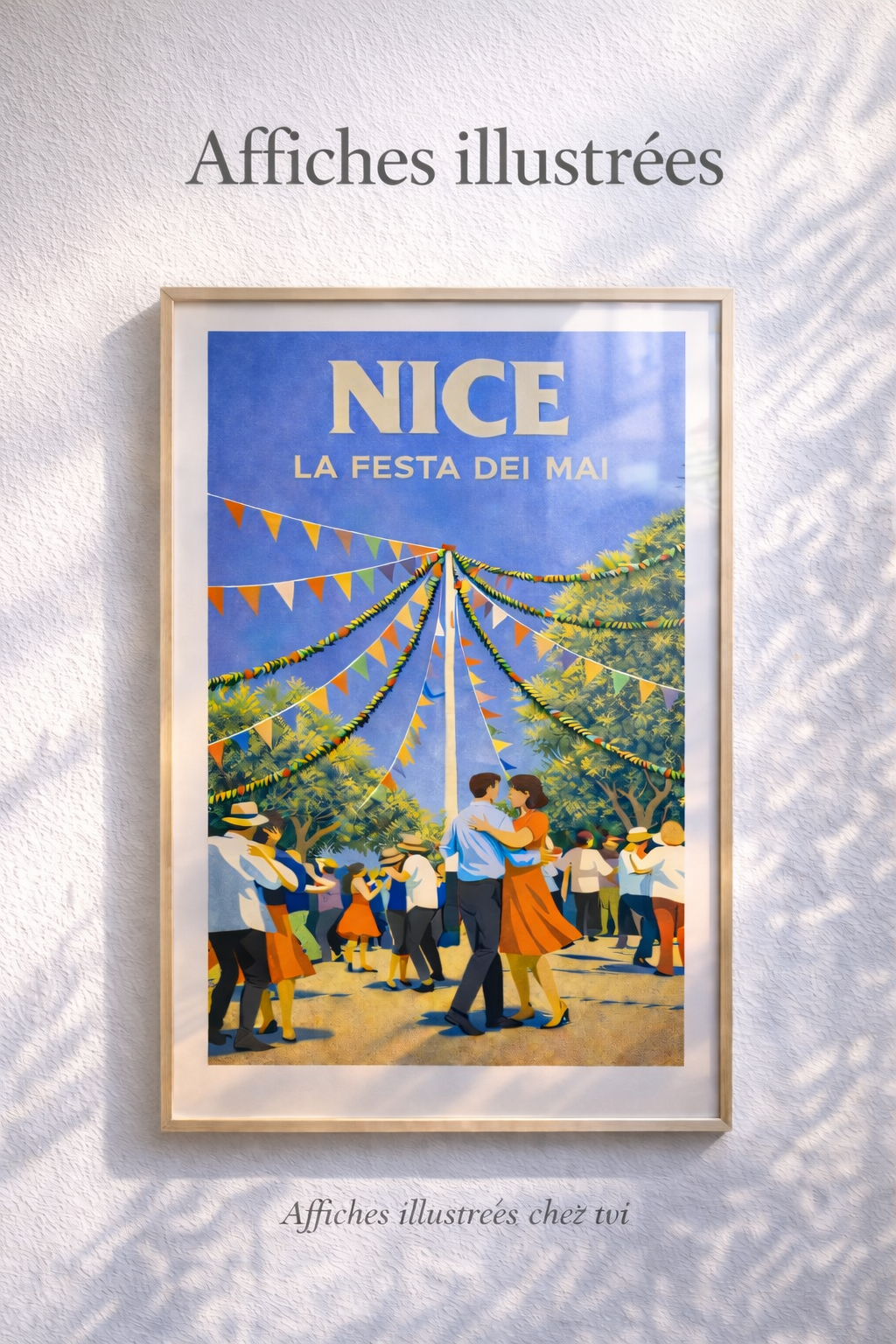 Affiches illustrées Nice Côte d’Azur, poster décoratif scène méditerranéenne colorée, décoration murale intérieure style vintage
