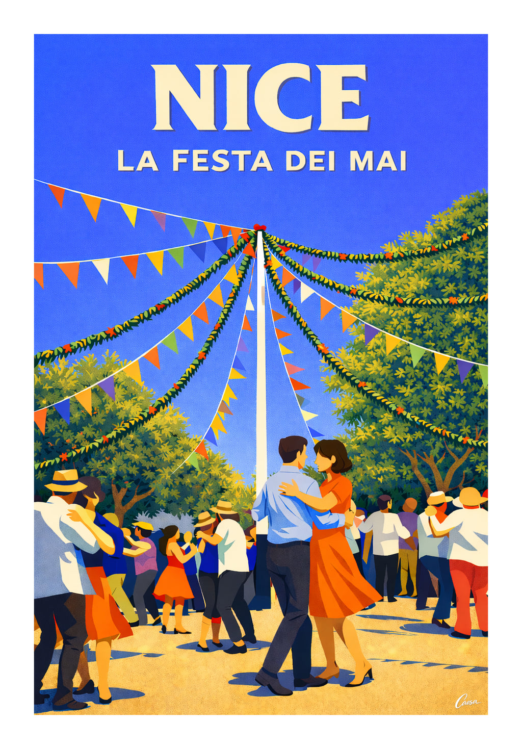 Affiche de Nice représentant la Fête des Mai avec danseurs et guirlandes aux arènes de Cimiez, illustration décorative ambiance méditerranéenne