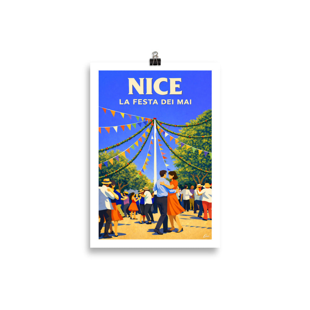 Affiche de Nice représentant la Festa dei Mai avec danseurs et guirlandes, illustration décorative ambiance méditerranéenne
