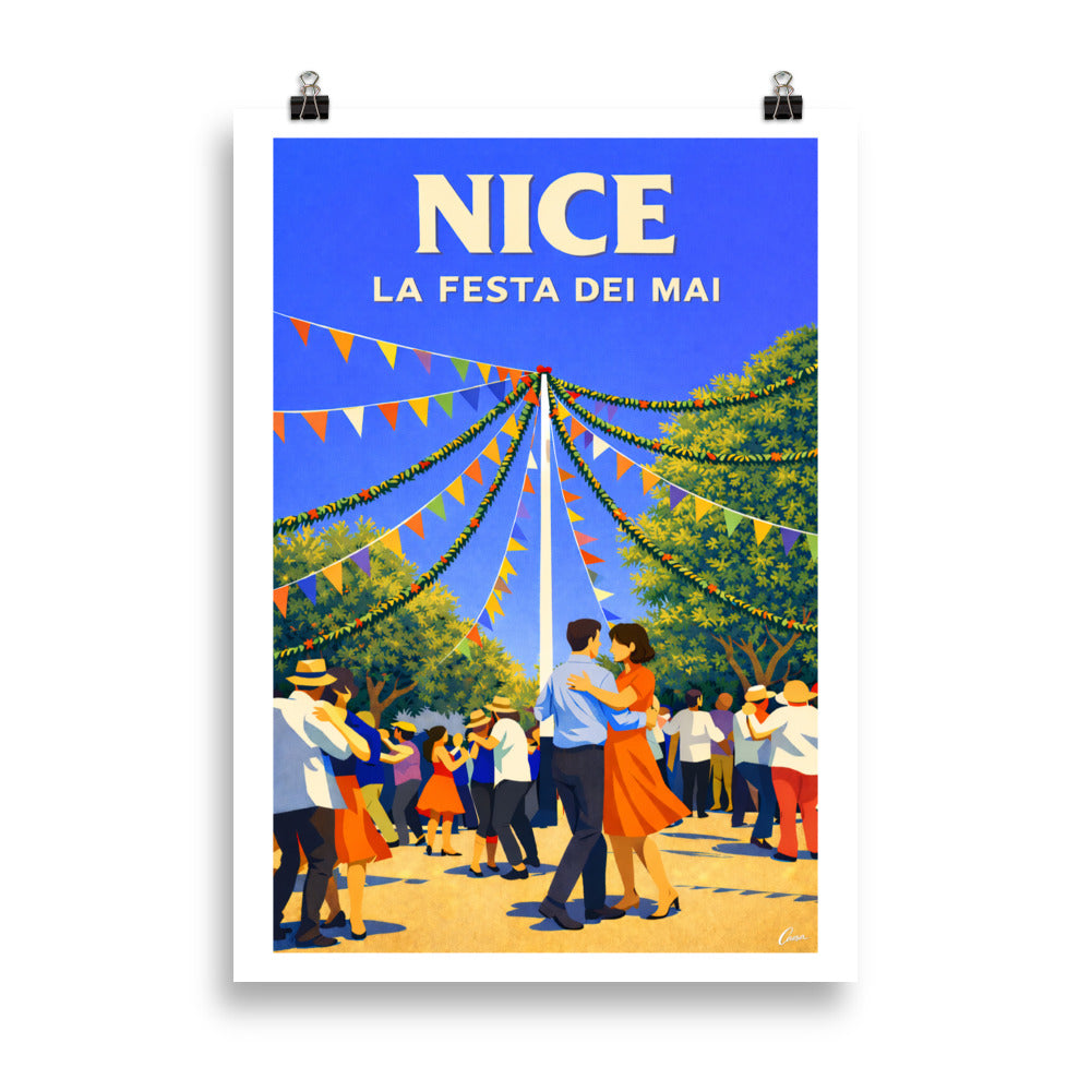 Affiche de Nice représentant la Festa dei Mai avec danseurs et guirlandes, illustration décorative ambiance méditerranéenne de le fête des Mai 