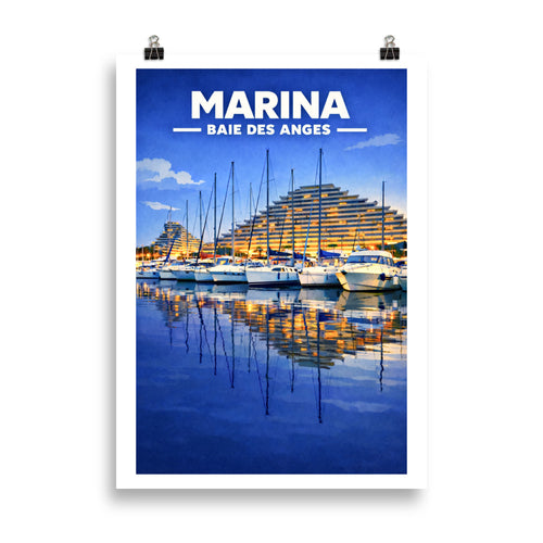 Affiche illustrée Marina Baie des Anges Côte d’Azur – Caesa Picsproduction décoration bateau reflet mer port 
