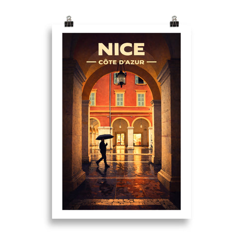 Affiche illustrée Nice – Arcades Masséna sous la pluie 70x50cm | Décoration murale Côte d’Azur