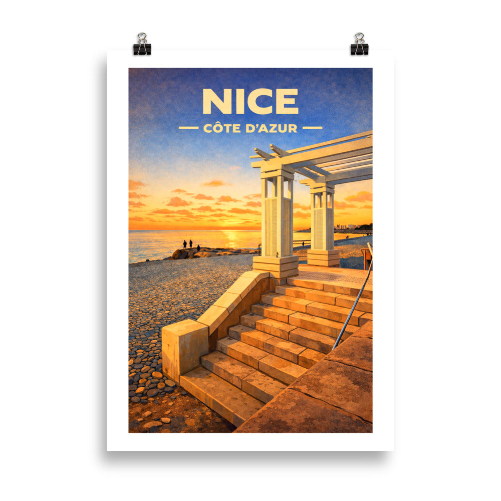Affiche illustrée Nice – Plage au coucher du soleil 70x50cm | Décoration murale Côte d’Azur