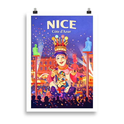 Nice Carnaval  Affiche illustrée Côte d’Azur poster du roi place massena Nissa la bella