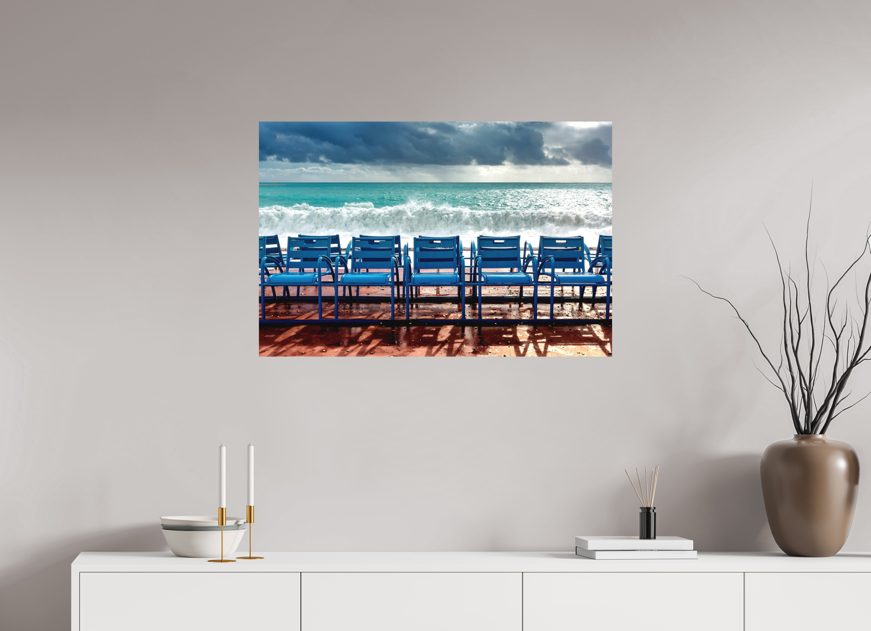 90 x 60 cm, Hahnemühle Photo Rag Bright White Vague et chaises bleues