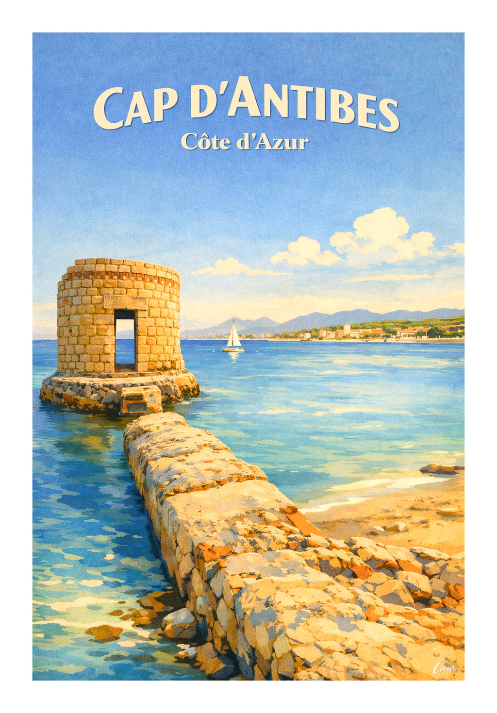 Affiche Cap d'Antibes Juan les pins illustration Côte d'Azur 