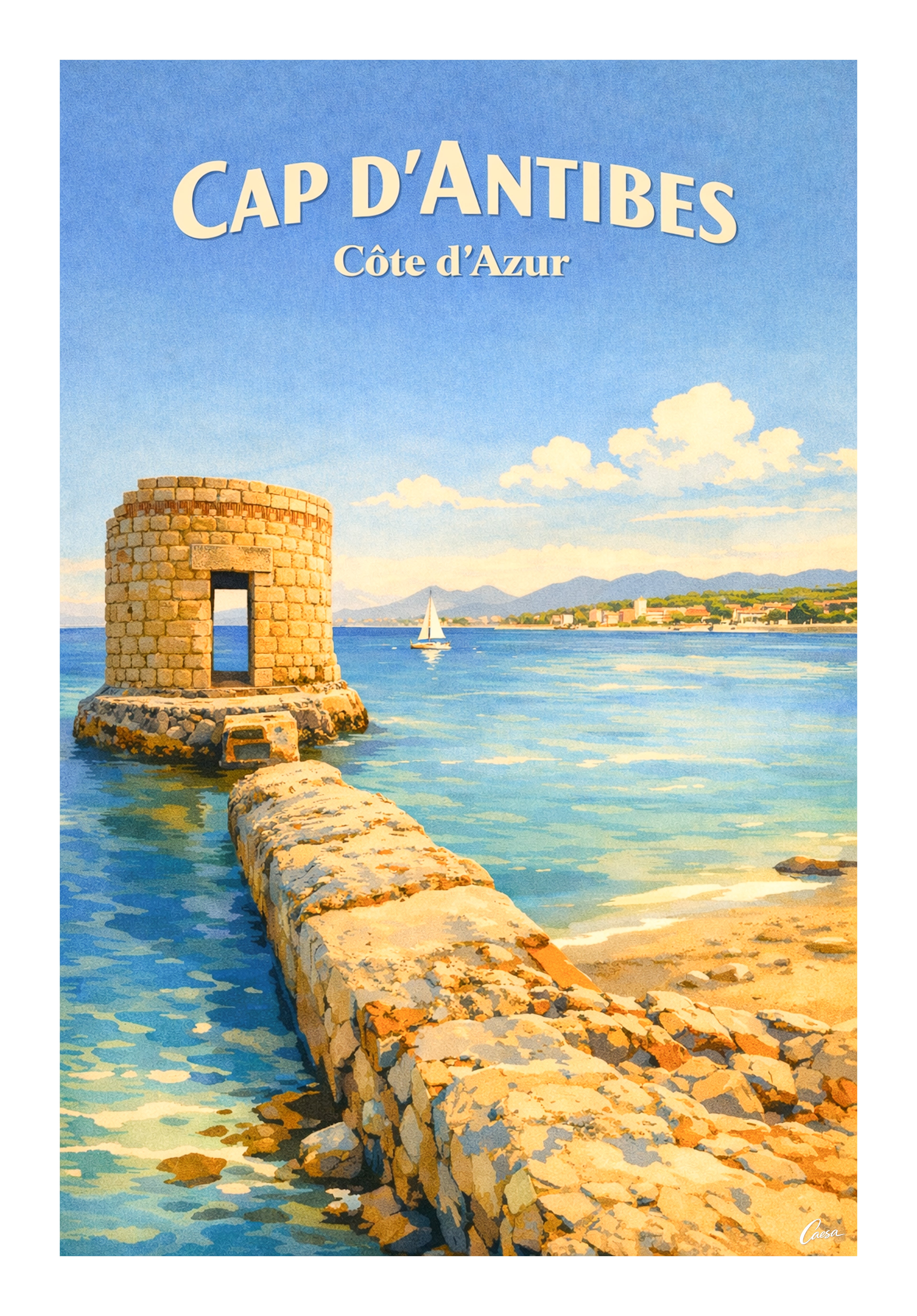 Affiche Cap d'Antibes Juan les pins illustration Côte d'Azur 