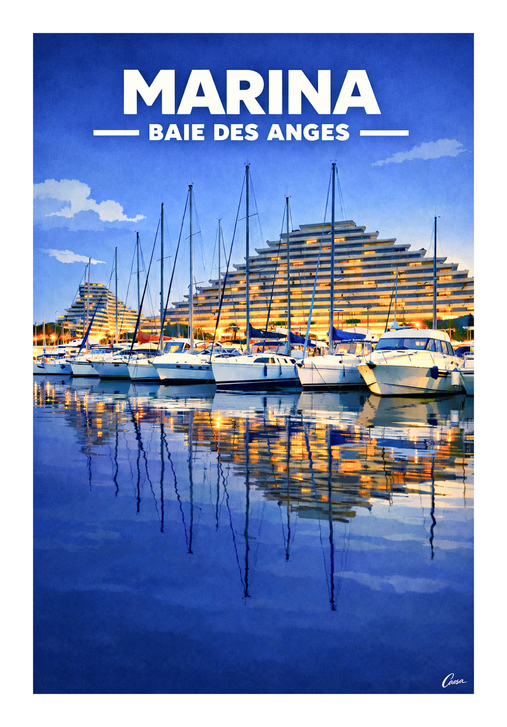 Affiche Marina Baie des Anges illustration Côte d'Azur Villeneuve Loubet reflets de bateaux sur le port