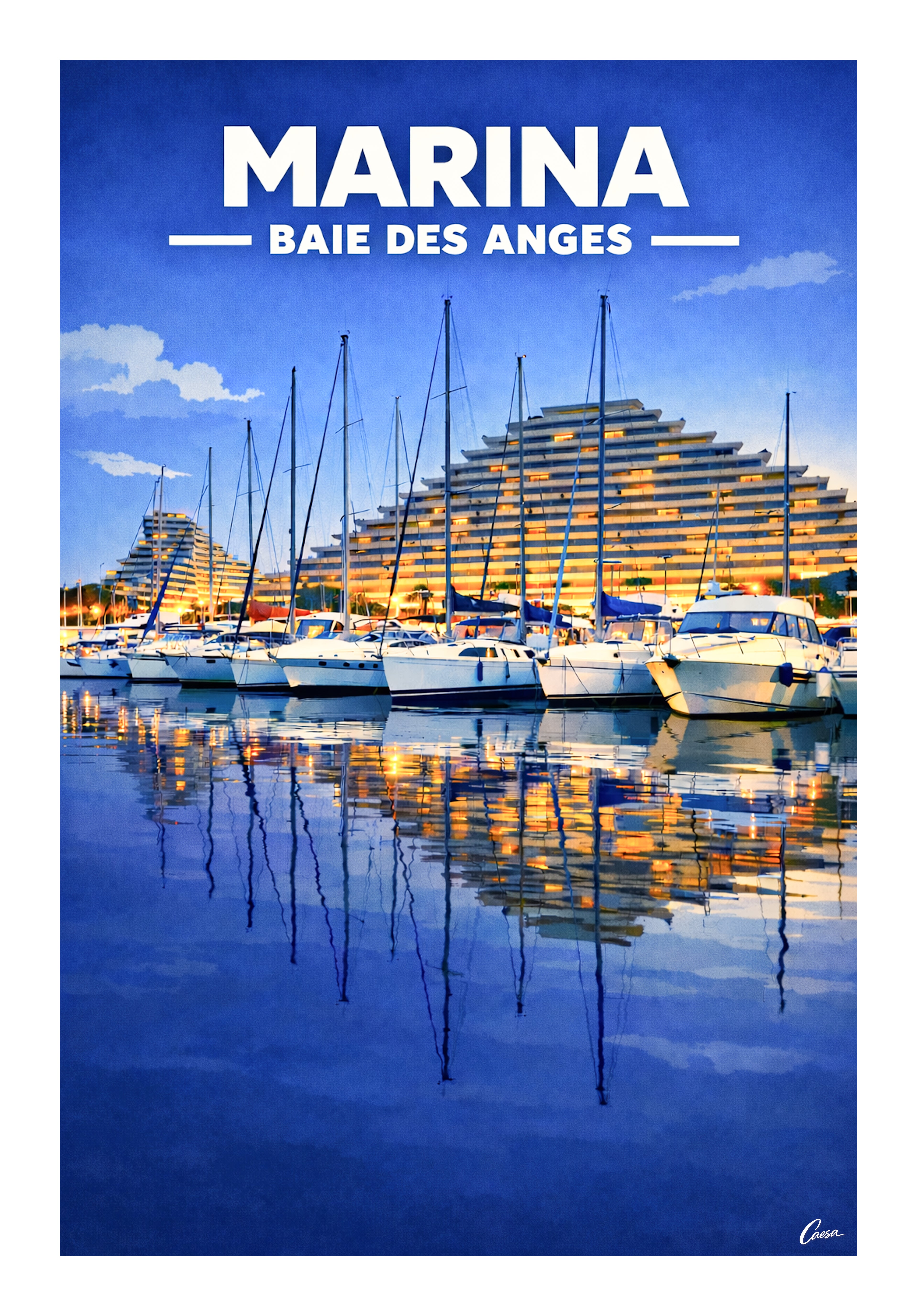 Affiche Marina Baie des Anges illustration Côte d'Azur Villeneuve Loubet reflets de bateaux sur le port