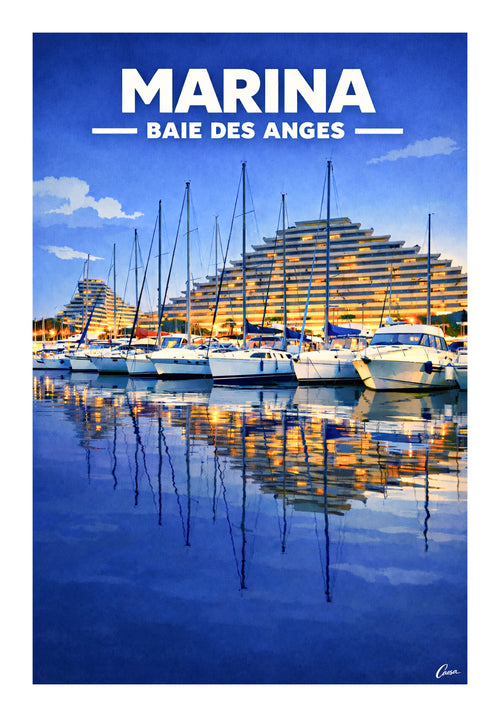 Affiche Marina Baie des Anges illustration Côte d'Azur Villeneuve Loubet reflets de bateaux sur le port