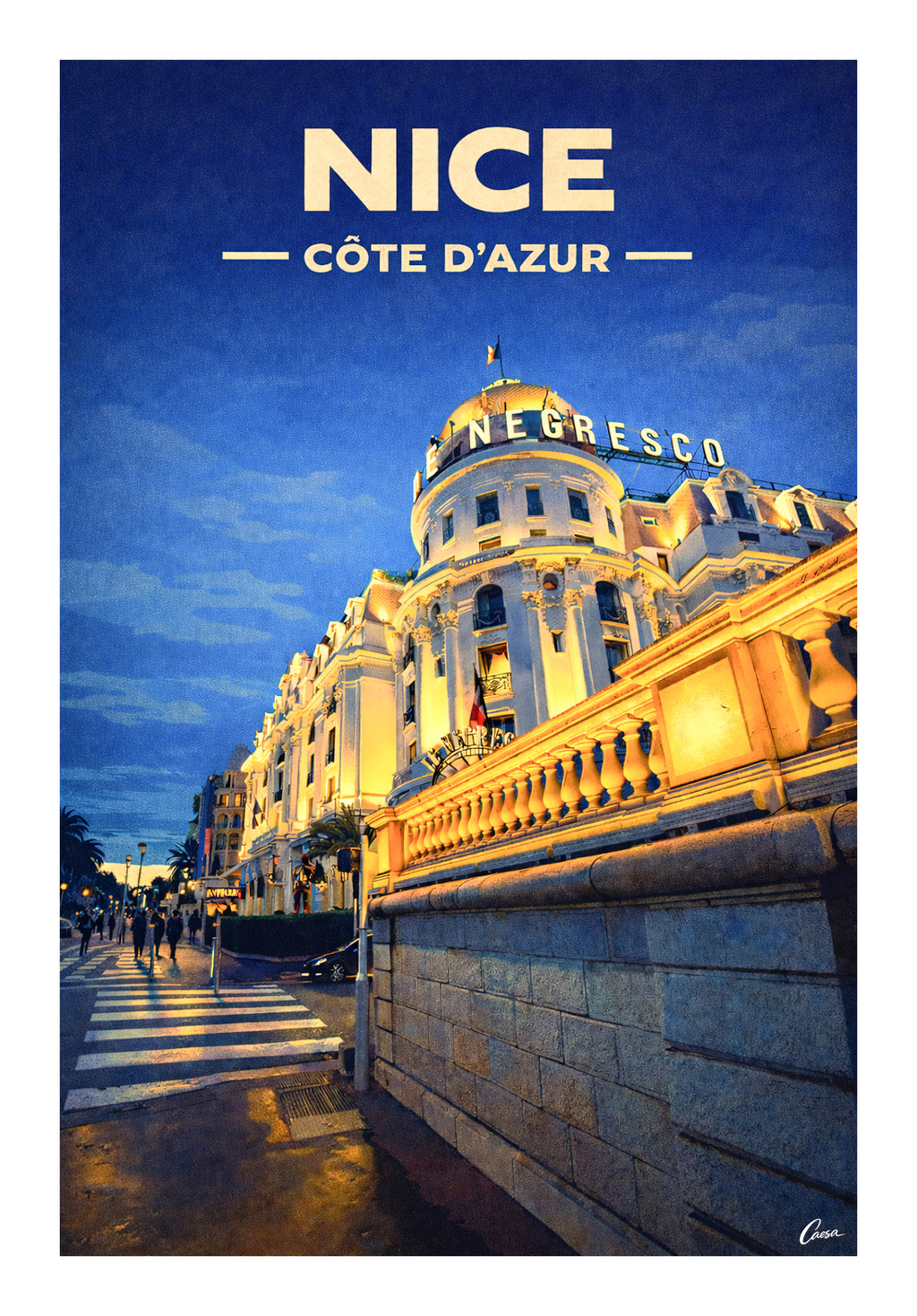 Affiche de Nice Hôtel Negresco artiste illustration Côte d'Azur promenade des Anglais 