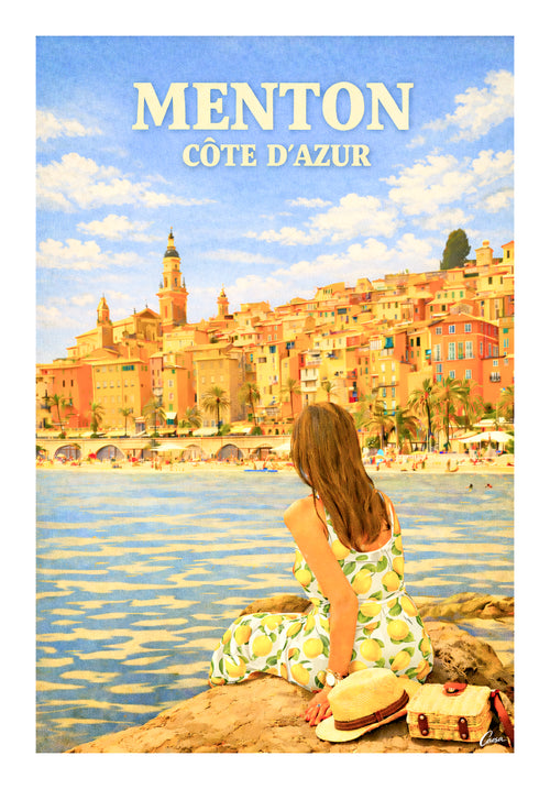 Affiche de Menton illustration avec citron et mer 