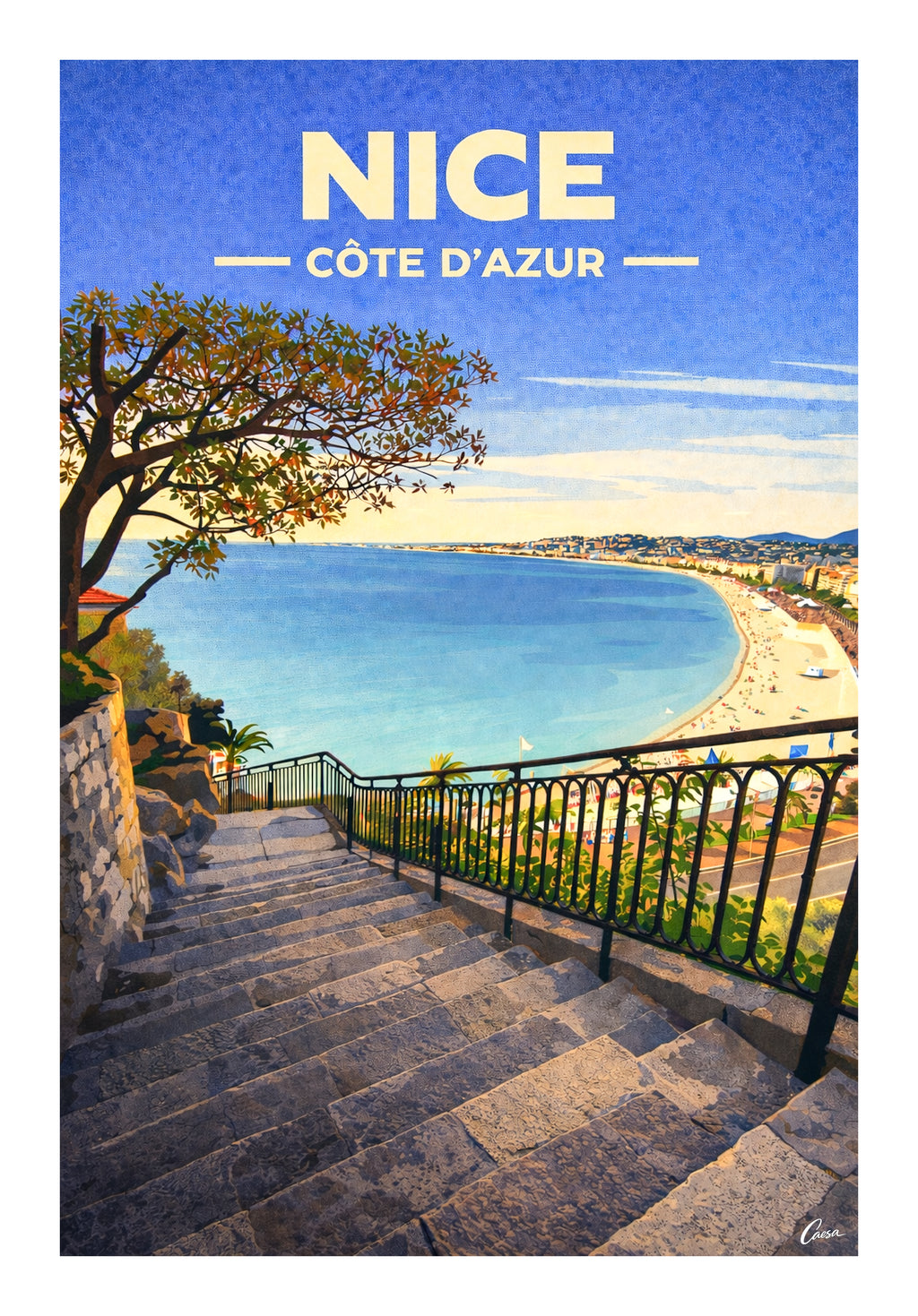 Affiche de Nice plage vue du château illustration décoration Côte d'Azur 