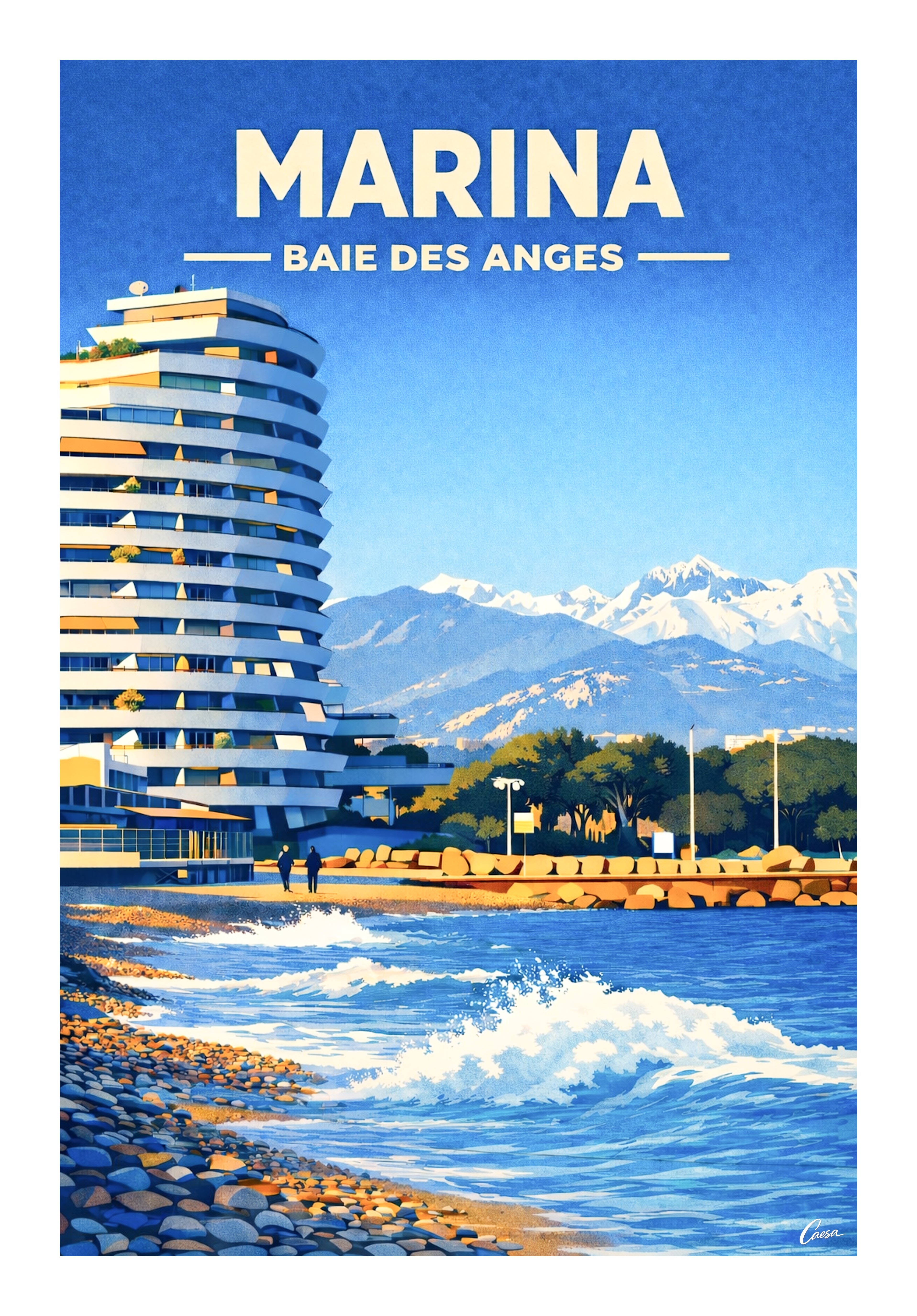 Affiche illustrée Marina Baie des Anges avec montagne enneigée et mer méditerranée plage 