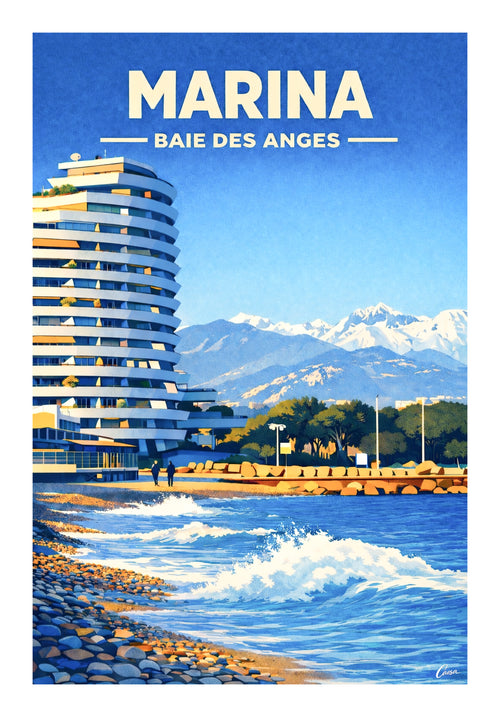 Affiche illustrée Marina Baie des Anges avec montagne enneigée et mer méditerranée plage 