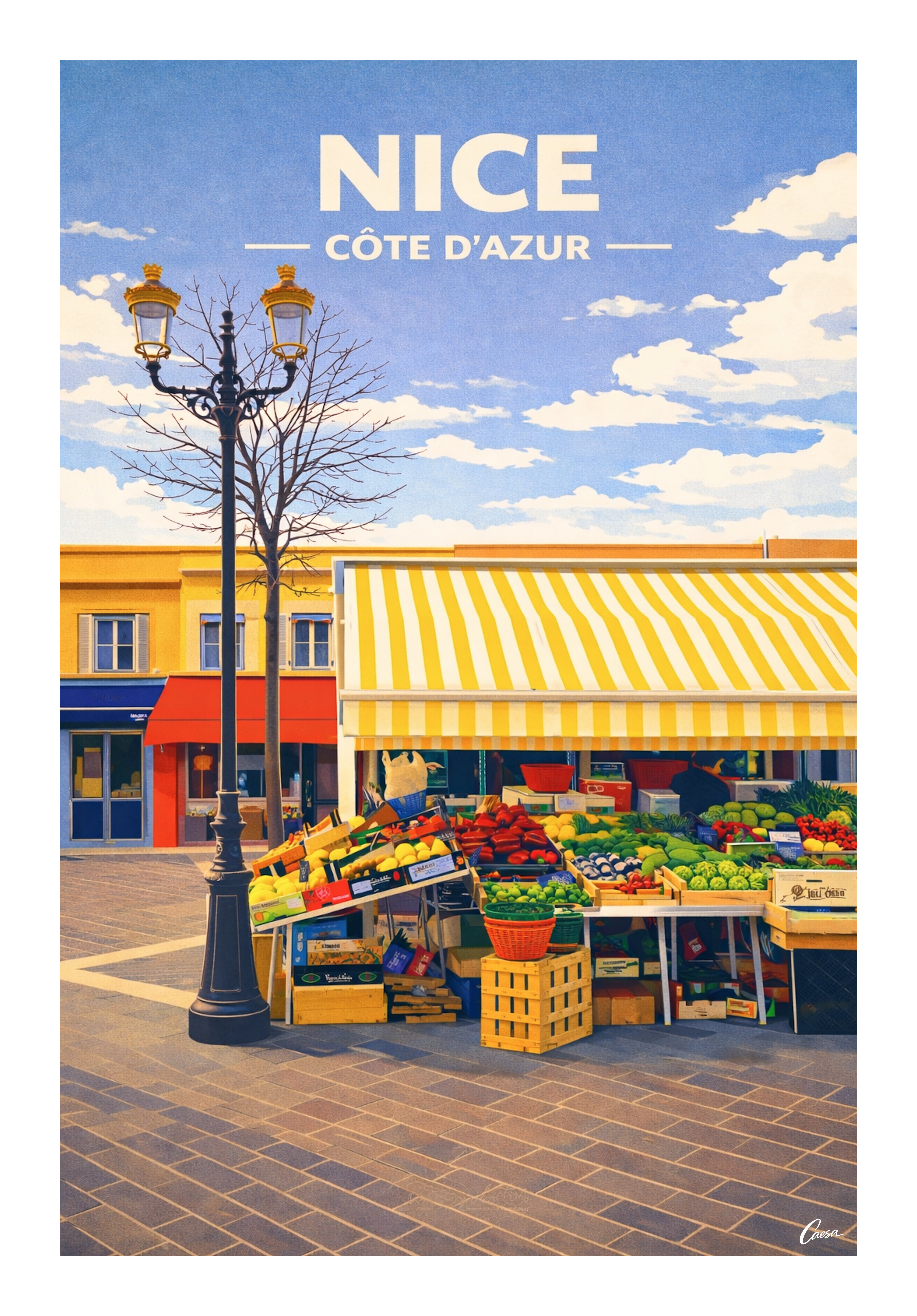 Affiche de Nice marché du cours saleya illustration Côte d'Azur 