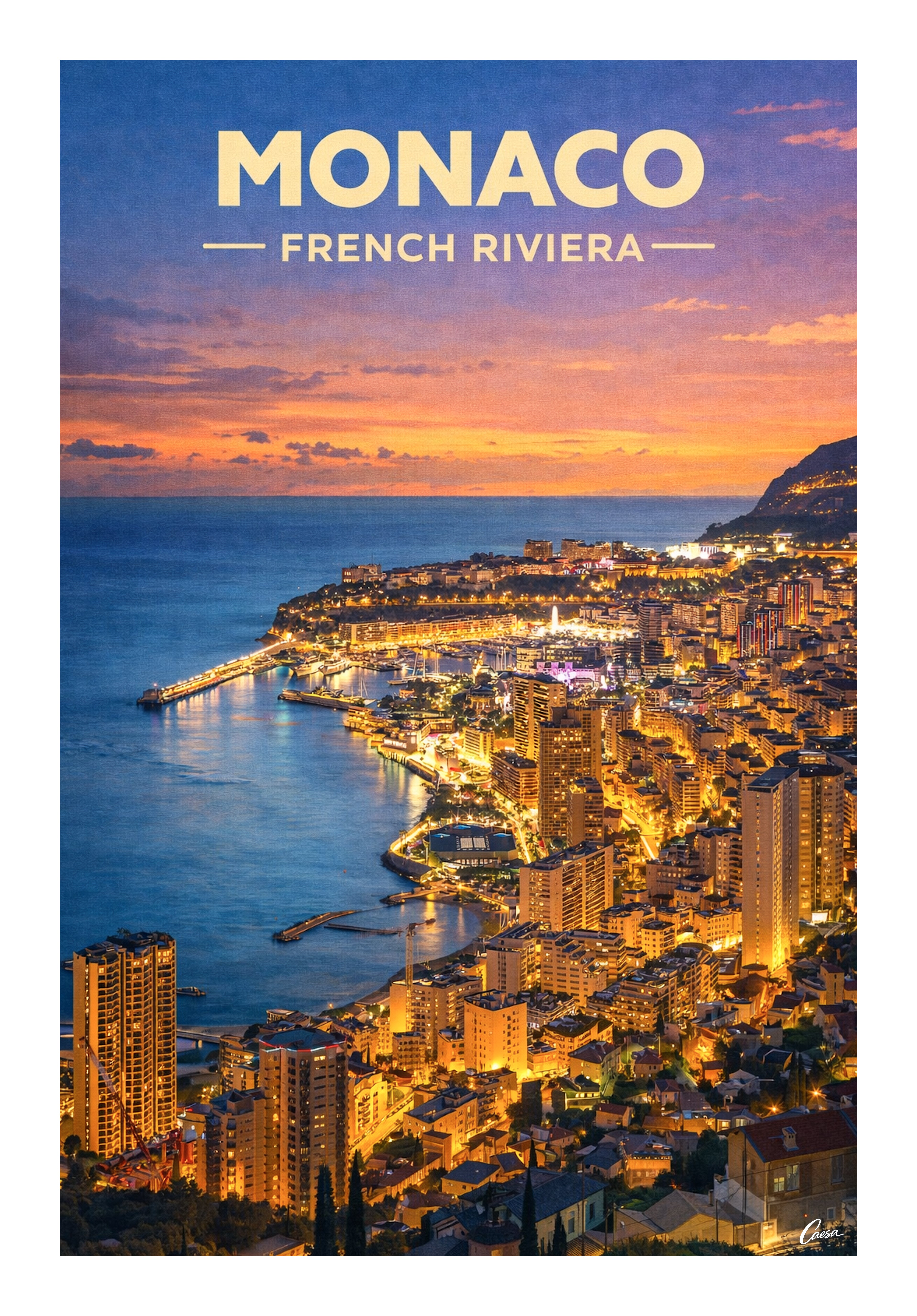 Affiche Monaco Monte Carlo illustration Côte d'Azur 