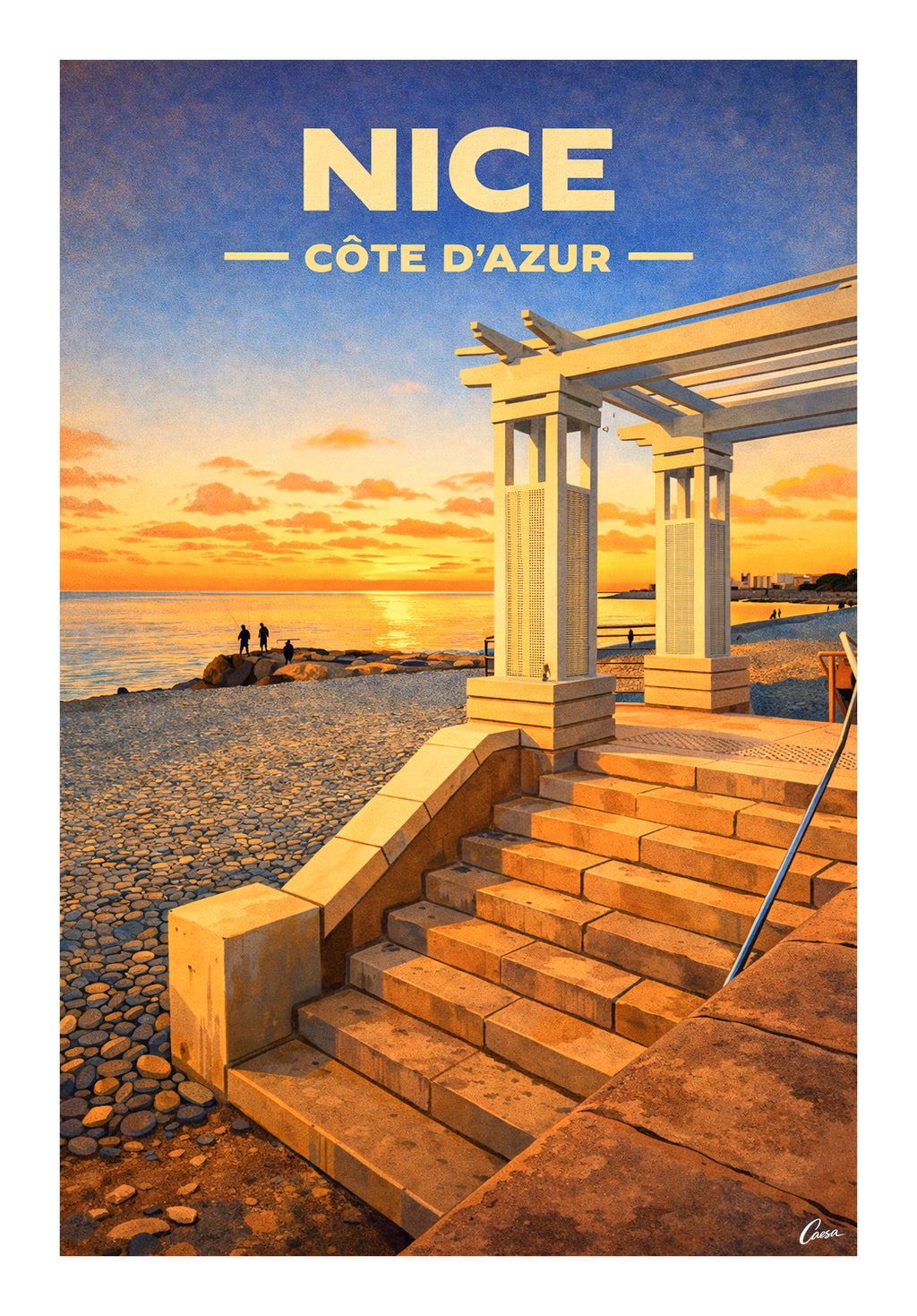 Affiche de Nice plage promenade des Anglais illustration Côte d'Azur coucher de soleil 