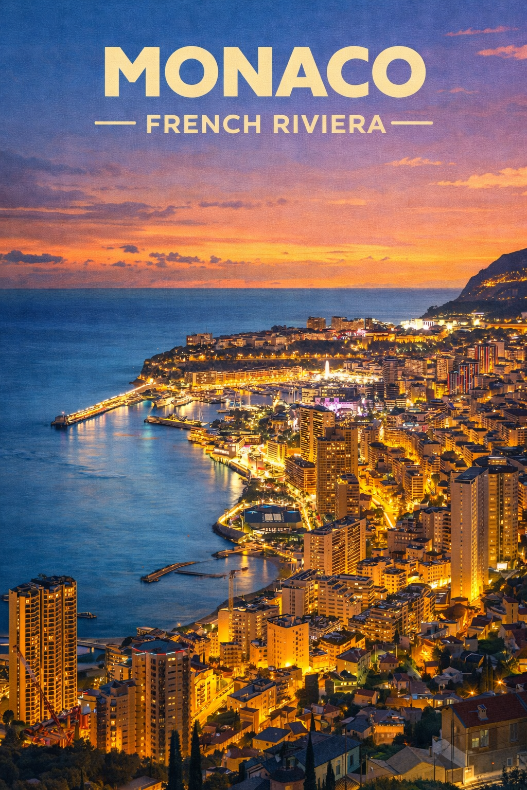 Monaco illuminée – Affiche illustrée 70x50cm | Décoration murale Côte d’Azur