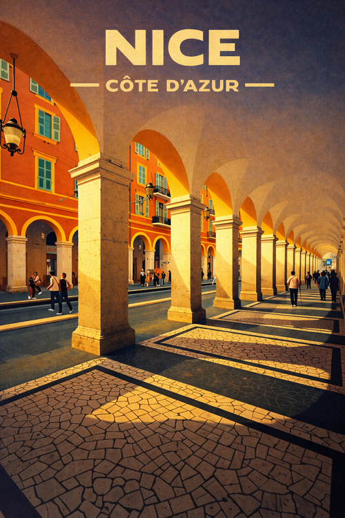 Affiche illustrée Nice – Arcades Masséna 70x50cm | Décoration murale Côte d’Azur