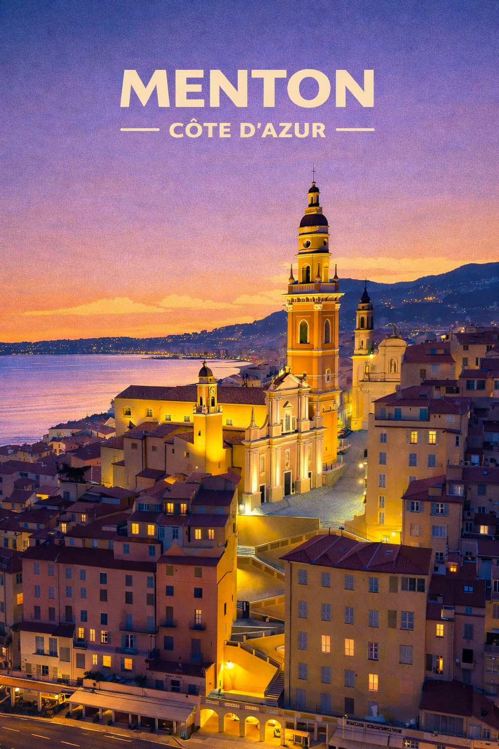 Menton illuminée – Affiche illustrée 70x50cm| Décoration murale Côte d’Azur
