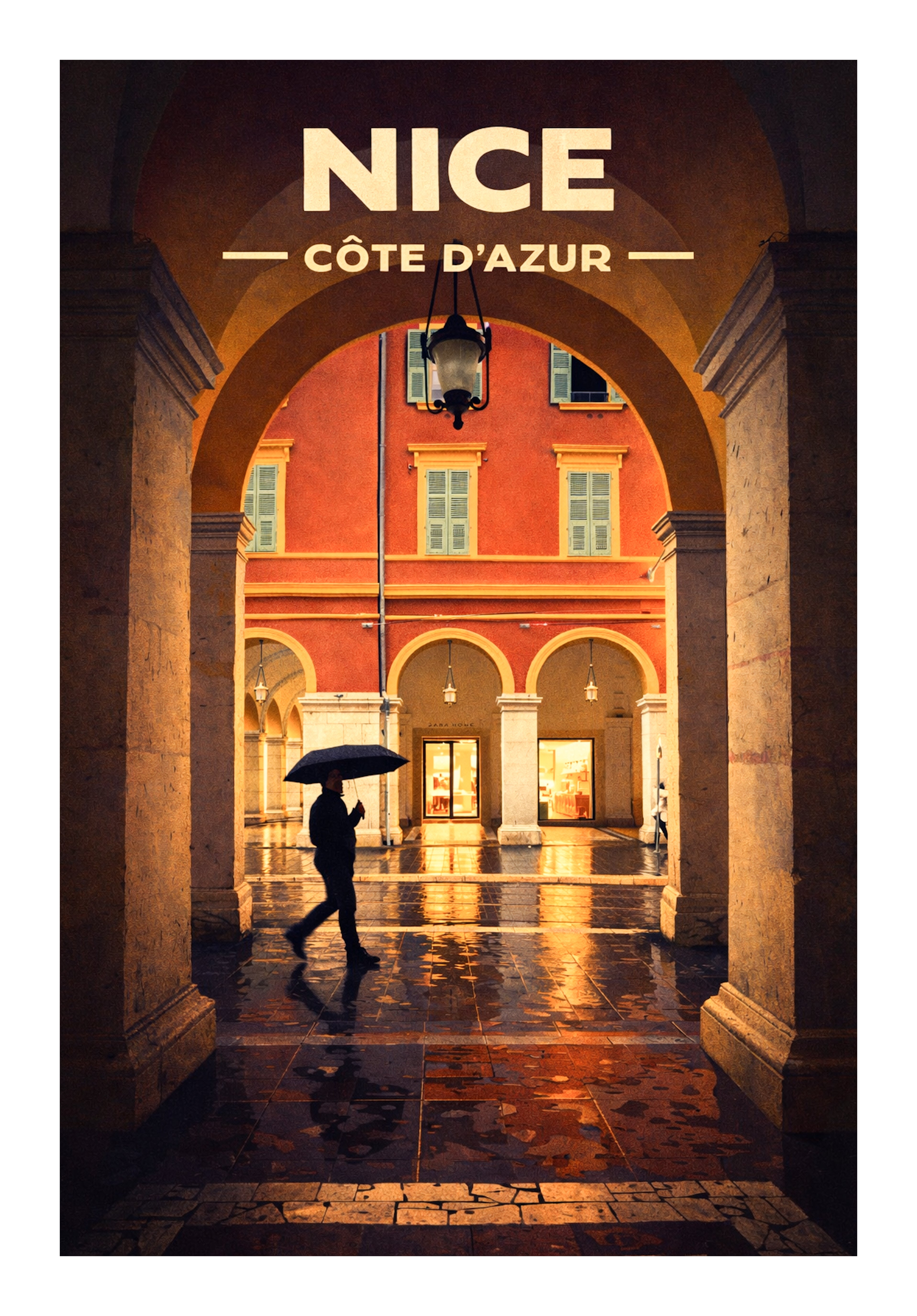 Affiche illustrée Nice – Arcades Masséna sous la pluie 70x50cm | Décoration murale Côte d’Azur