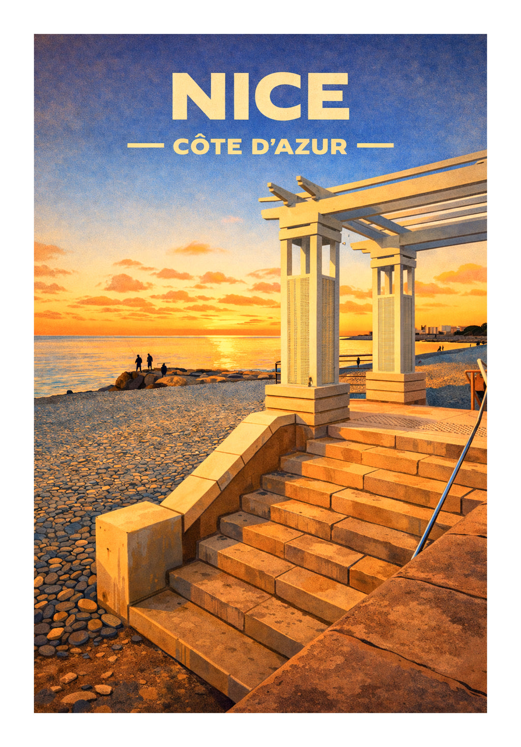 Affiche illustrée Nice – Plage au coucher du soleil 70x50cm | Décoration murale Côte d’Azur