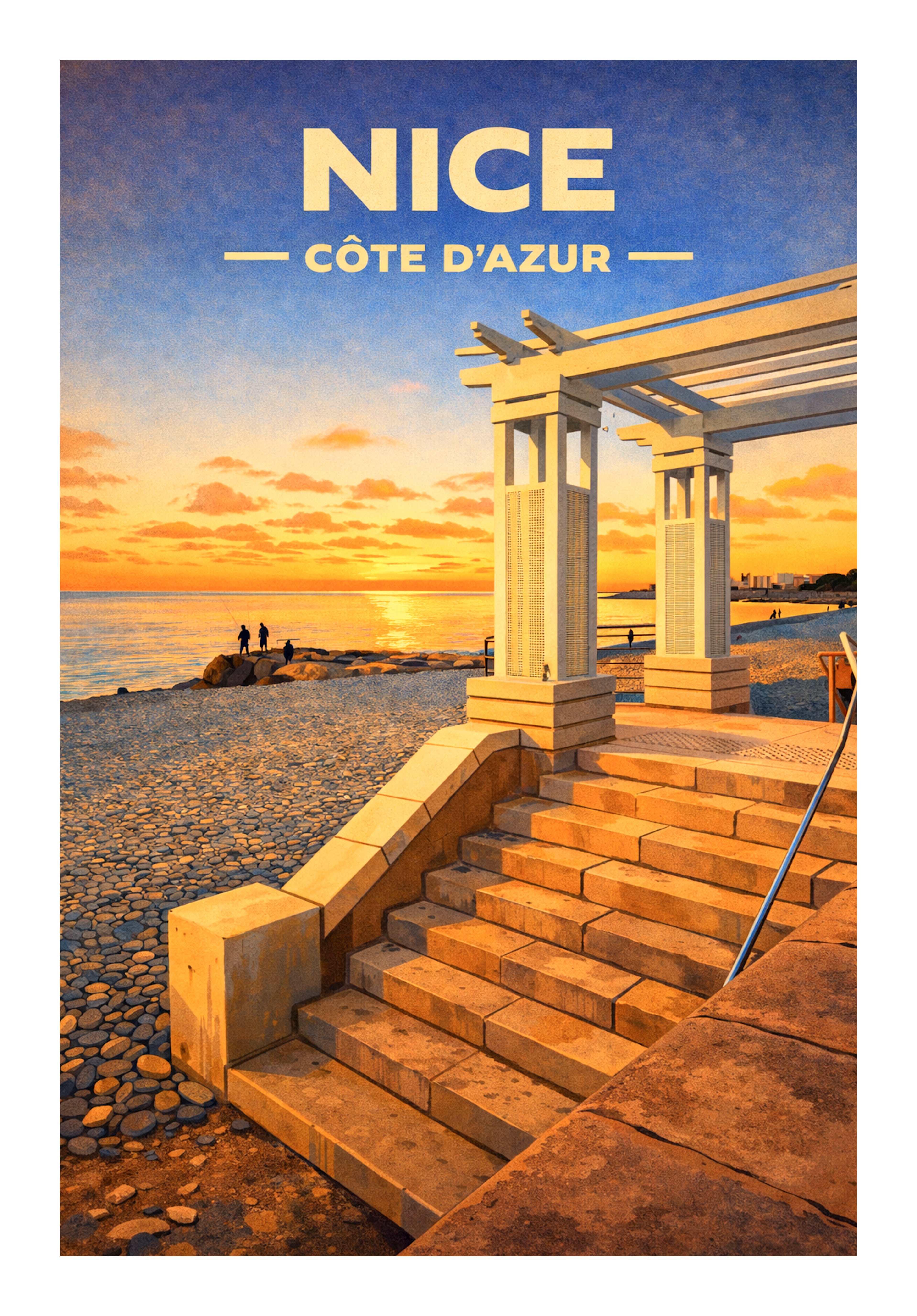 Affiche illustrée Nice – Plage au coucher du soleil 70x50cm | Décoration murale Côte d’Azur