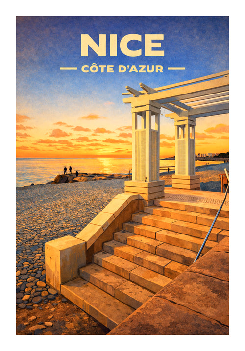 Affiche illustrée Nice – Plage au coucher du soleil 70x50cm | Décoration murale Côte d’Azur