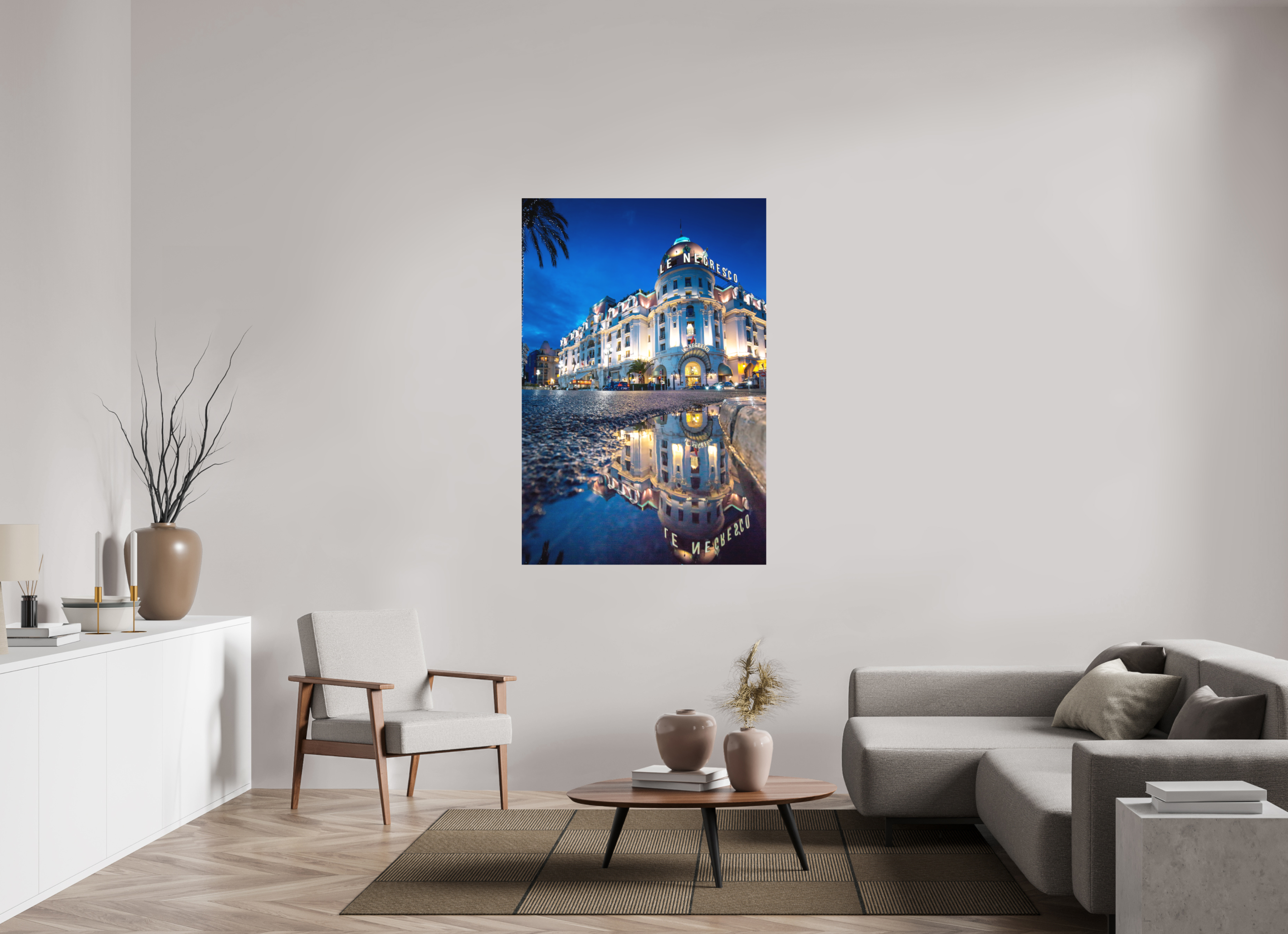 Tirage d’art Nice Negresco de nuit avec reflets sur la Promenade des Anglais 100 x 150 cm, Hahnemühle Photo Rag Bright White Reflets du Negresco
