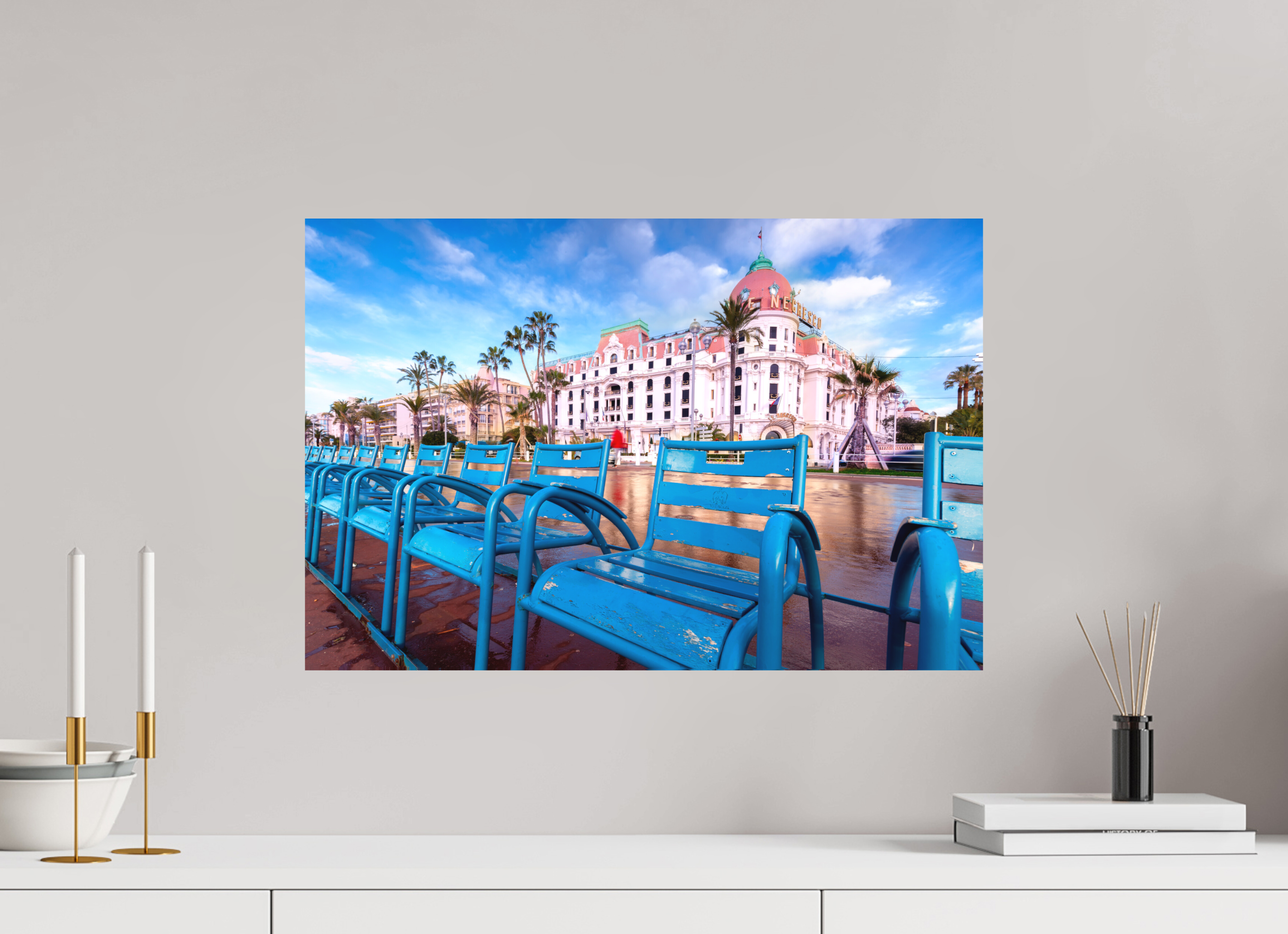 Tirage d’art Nice chaises bleues Promenade des Anglais hôtel Negresco Côte d’Azur